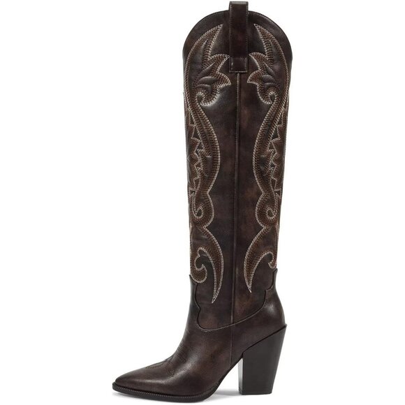 Women's Embroidered Dark Brown Chunky Knee High Heel Western Tall Boots - Picture 2 of 7